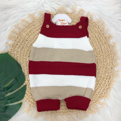 Jardineira Curta de Linha - Bolsinho e Listras Grossas Vermelho e Bege Jardineira Curta de Linha - Bolsinho e Listras Grossas Vermelho e Bege